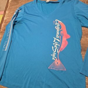 Sport-Tek Blue Long Sleeve Tee with Pink Graphic Perfect for fishing enthusiasts